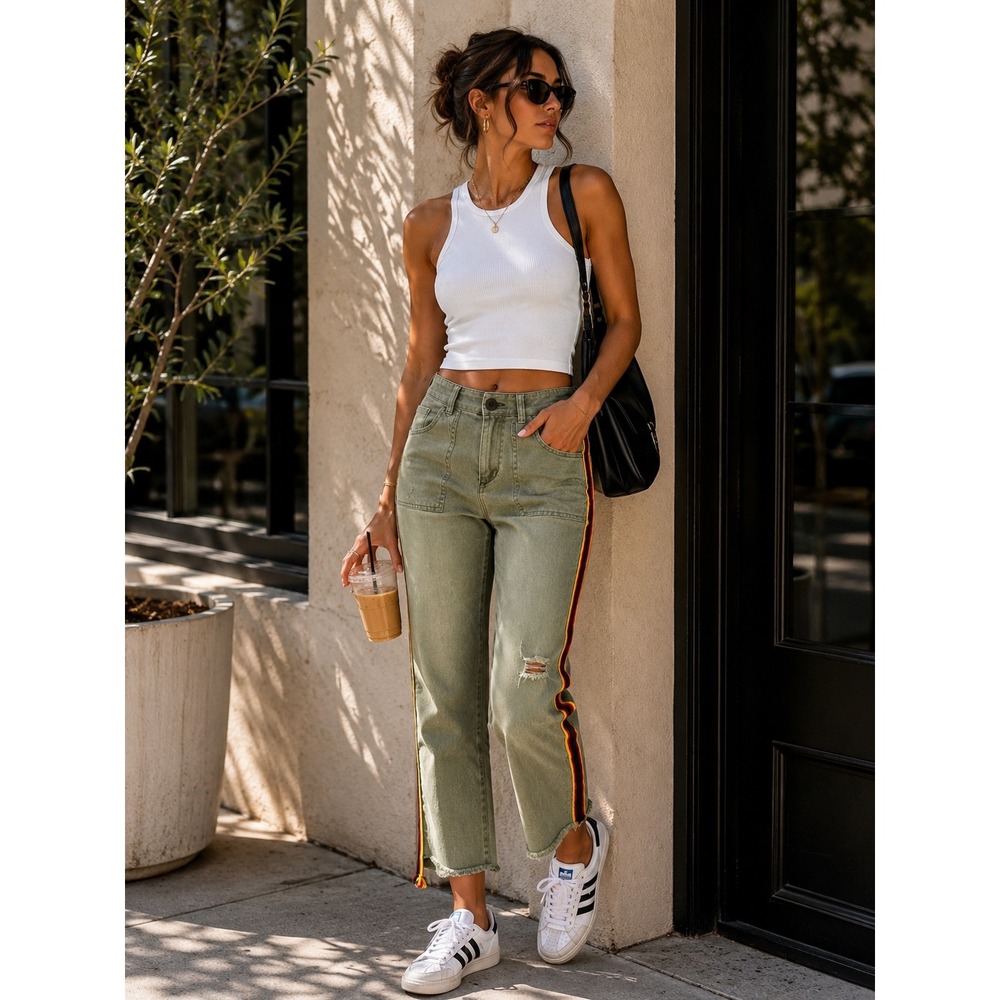 Pam & Gela Olive Utility Pants Lace Up Back Side Stripe‎ Size 26